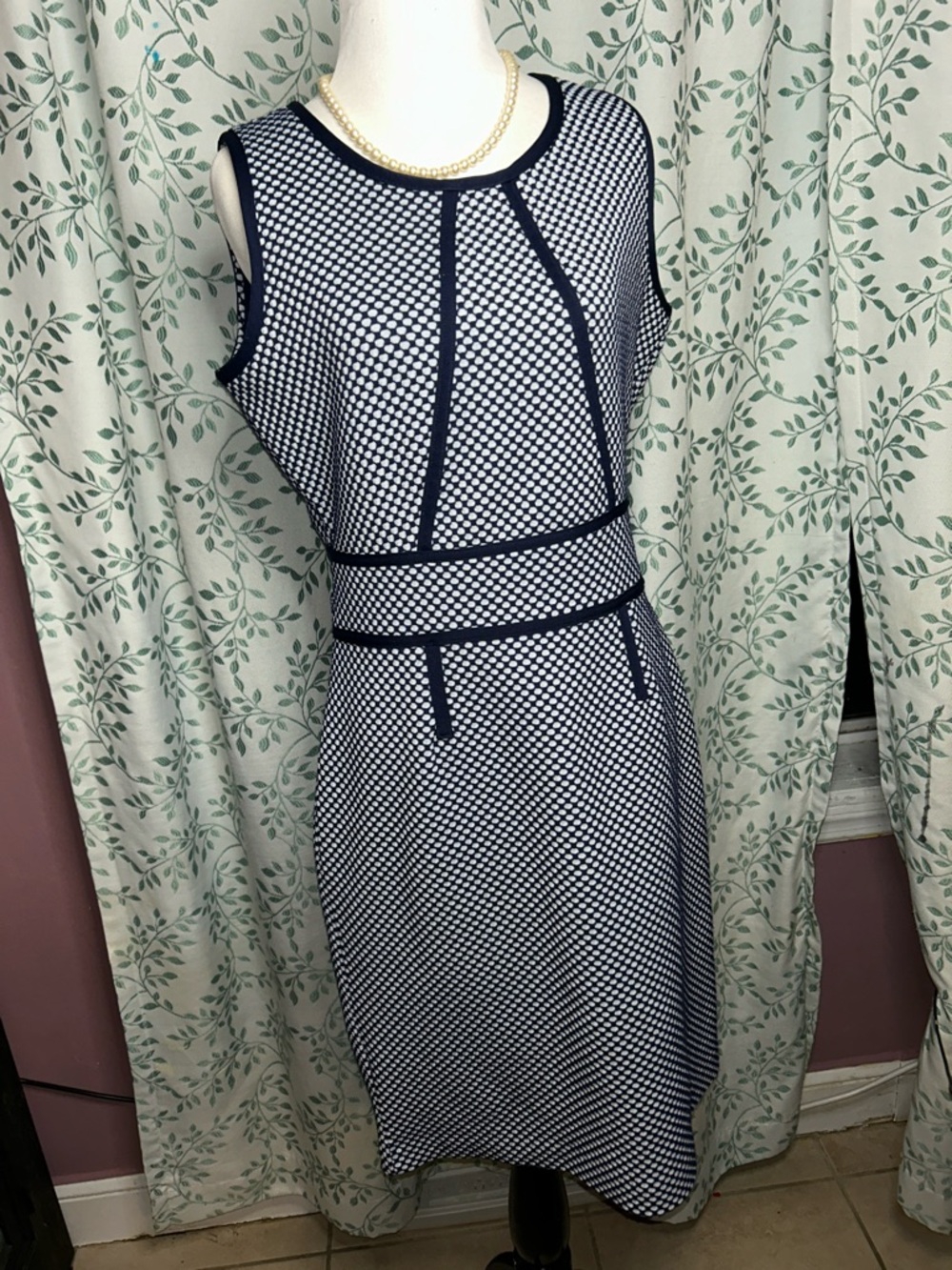 New York & Company Navy and White Patterned Sleeveless Midi Dress